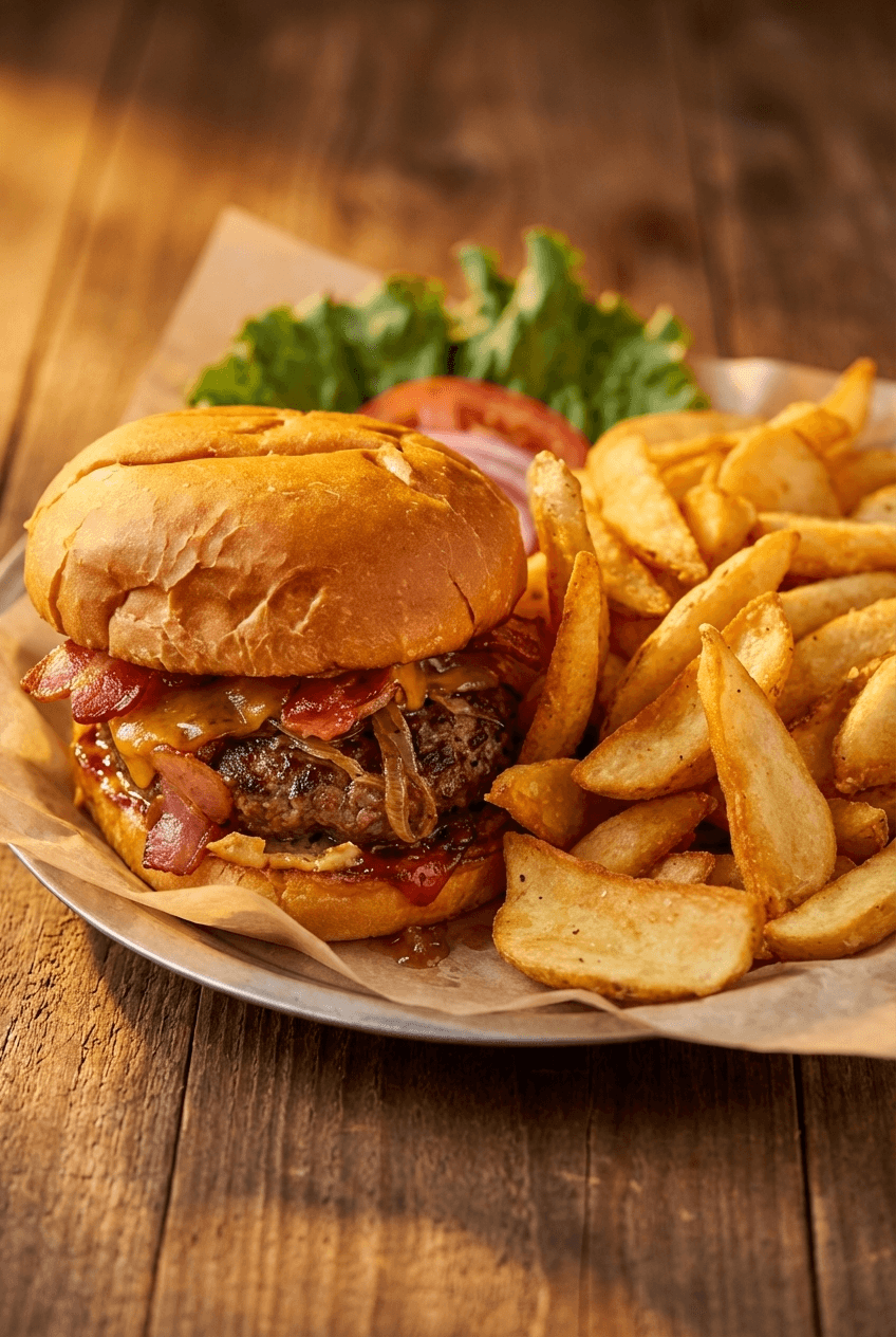 Bacon burger with fries
